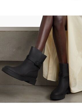 Vince Kaelyn Matte Black Buckle Strap Platform Ankle Boots Waterproof Moto